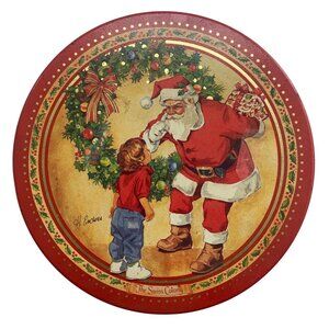 Vintage Swiss Colony Christmas Tin With Santa & Child Design Round Metal Storage